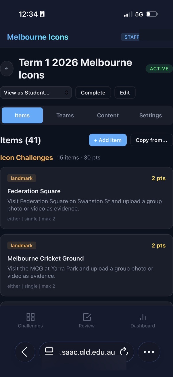 Staff interface for creating new challenges